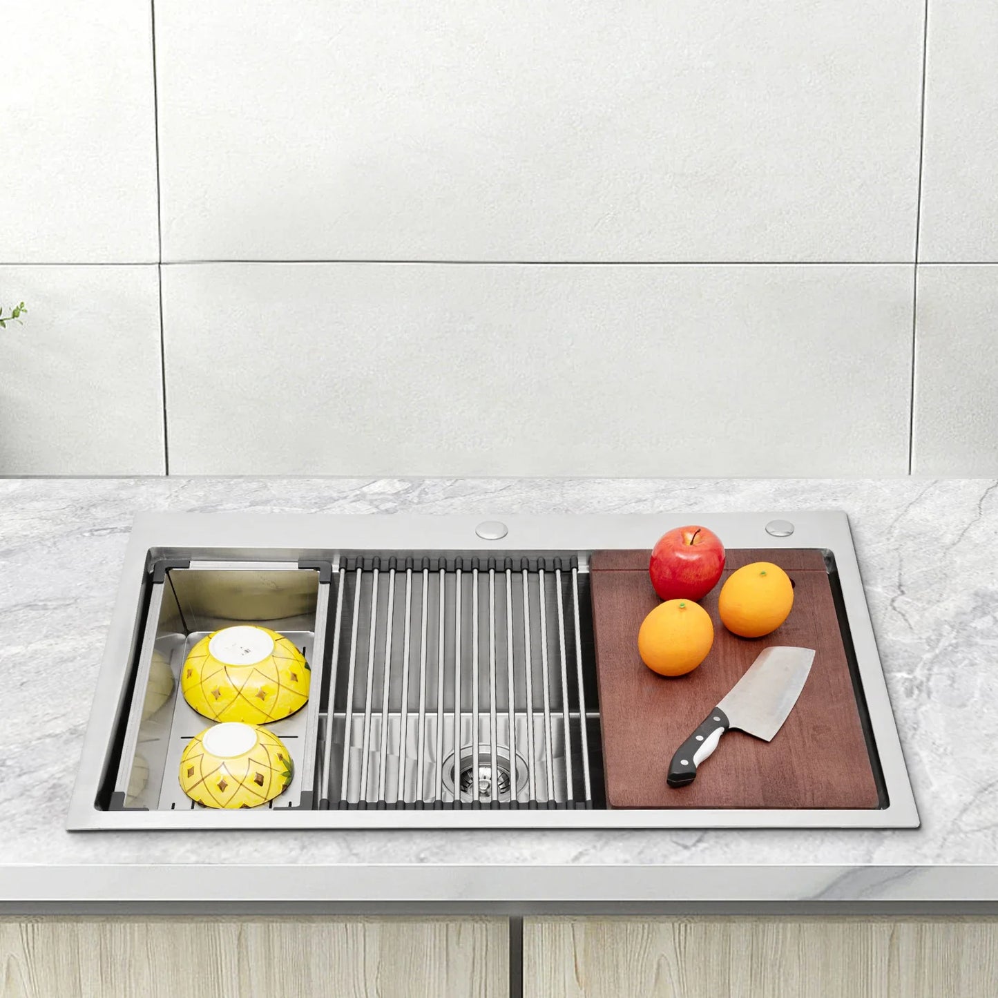 Stahlspüle, 304 Edelstahl, multifunktionale Küchenspüle, Drop-In-Spüle, 33 Zoll Drop-in-Küchenspüle, Workstation, Edelstahlspüle