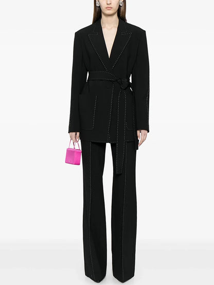 HIGH STREET Newest Fashion 2024 Designer Suit Set Women's Contrast Stitching Belted Blazer Pants Suit 2pcs.