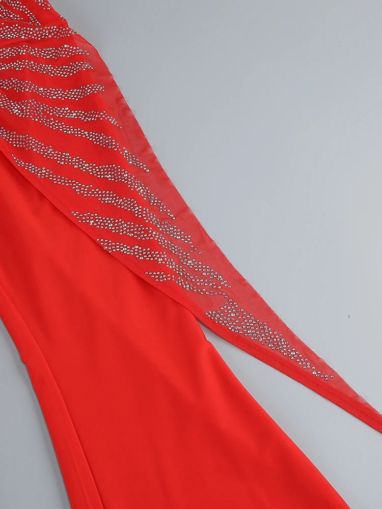 Sexy Deep V Neck Sparkly Diamonds Design Jumpsuit Women Long Sleeve Draped Wide Leg Jumpsuit Elegant Evening Club Costume Runway