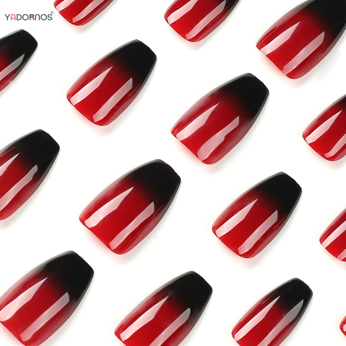 Red Black Gradient Press on Nails Medium Length Coffin Fake Nails with Sticky Tabs Ballerina False Nails Tips for Women 24Pcs.