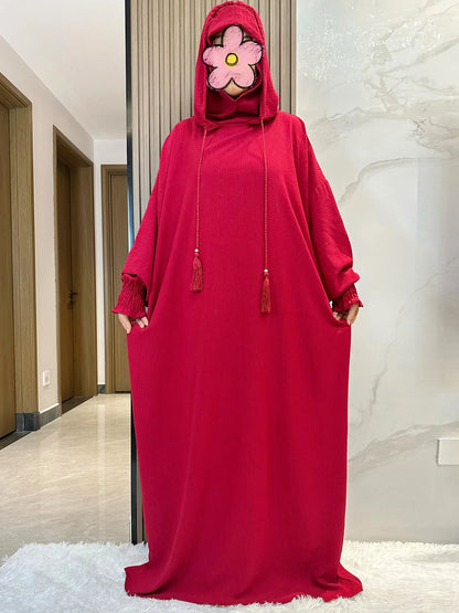 Muslim Abaya Solid Cotton Pullover Two Hat Women Eid Hooded Long Maxi Dress Turkey Kaftan Arab Robe Islamic Hijab Dubai Clothing