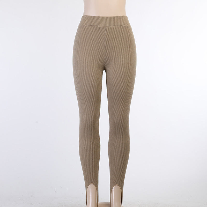 Beige Ribbed Knit Leggings Women High Waist Cotton Fitness Basic Pants Casual Spring New All-Match Female Skinny Leggings