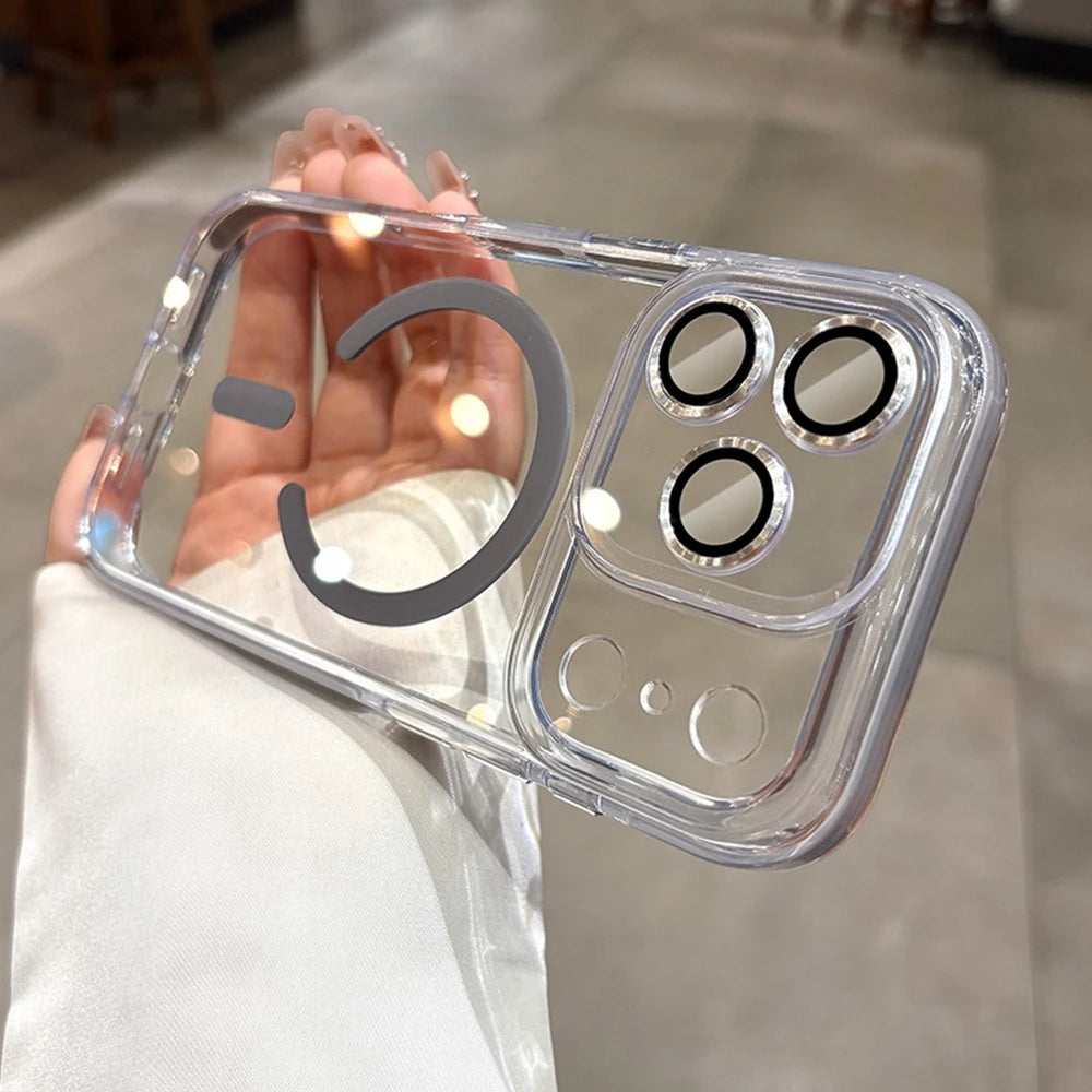 Glass Camera Protector Case for iPhone 17 13 14 15 16 Pro Max 16 Plus Magsafe Case Anti-knock Shockproof Clear 17Air 17Pro Cover.
