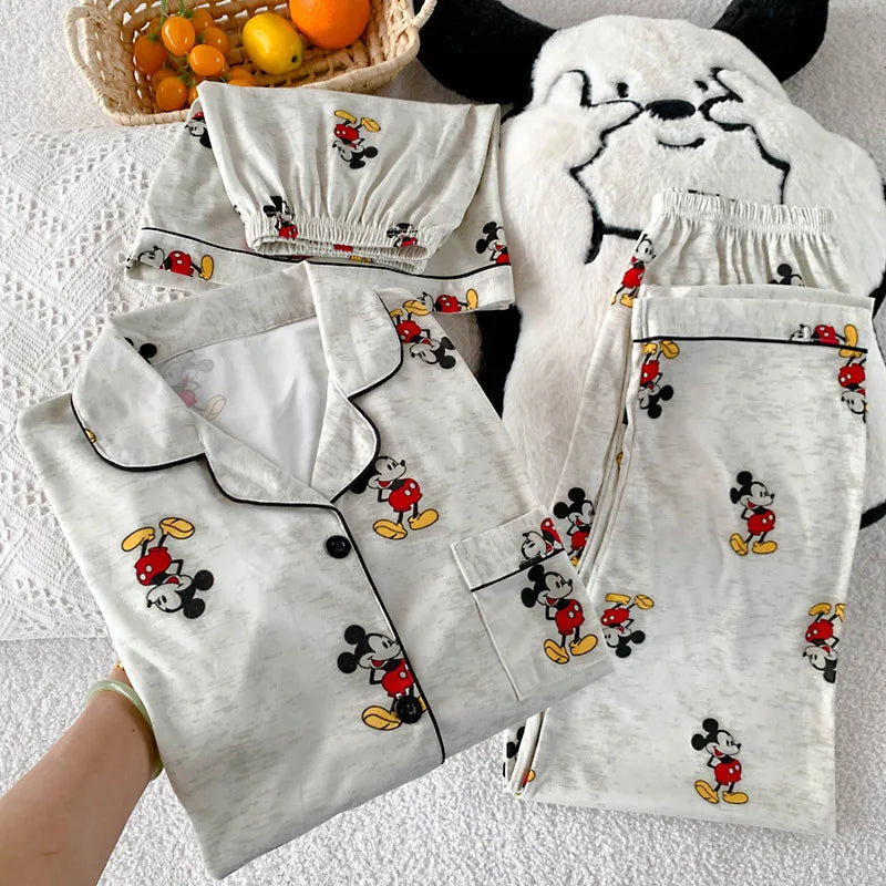 3Pcs Mickey Mouse Pajama Set Women's Summer Short-Sleeved Cute Sleepwear Autumn Student Home Clothes Three-Piece Set Nightgown.