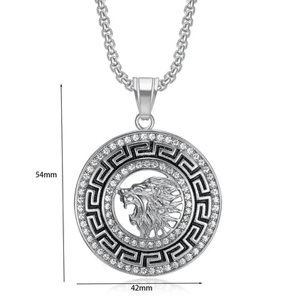 Hip Hop Lion Stainless Steel Gold Plated Zircon Lion Pendant Necklace Men's Pendant Gift Jewelry Stylish Round Accessories.