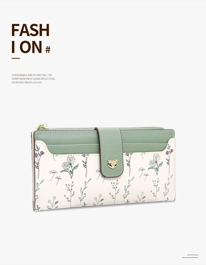 FOXER New Women's Long Wallet Fashion Multi-card Clutch Slot Card Holder Signature Versatile PU Floral Wallet Zipper Coin Purse.