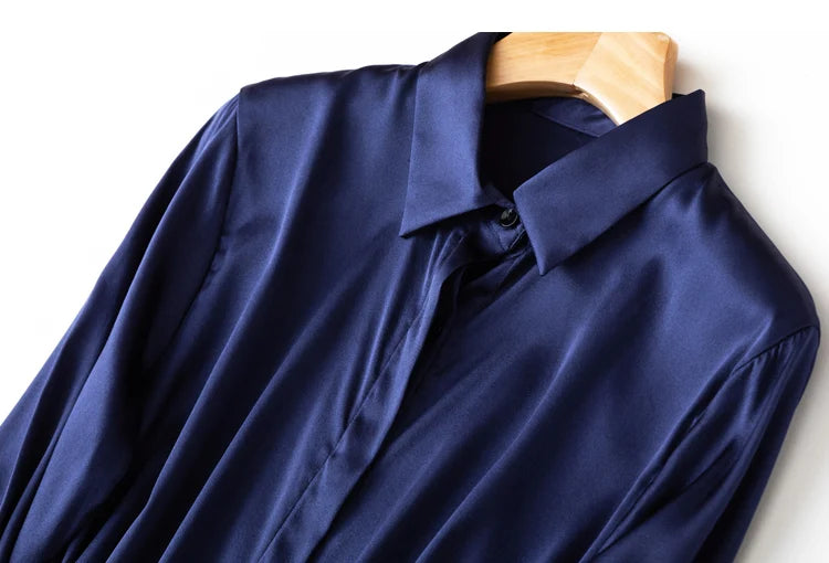 Tajiyane Damen-Langarmshirt aus 93 % Maulbeerseide, 7 % Elasthan, 19 Momme, Satin-Seidenknöpfe, Oberteil, Bluse, Büroarbeit, Chemise Femme