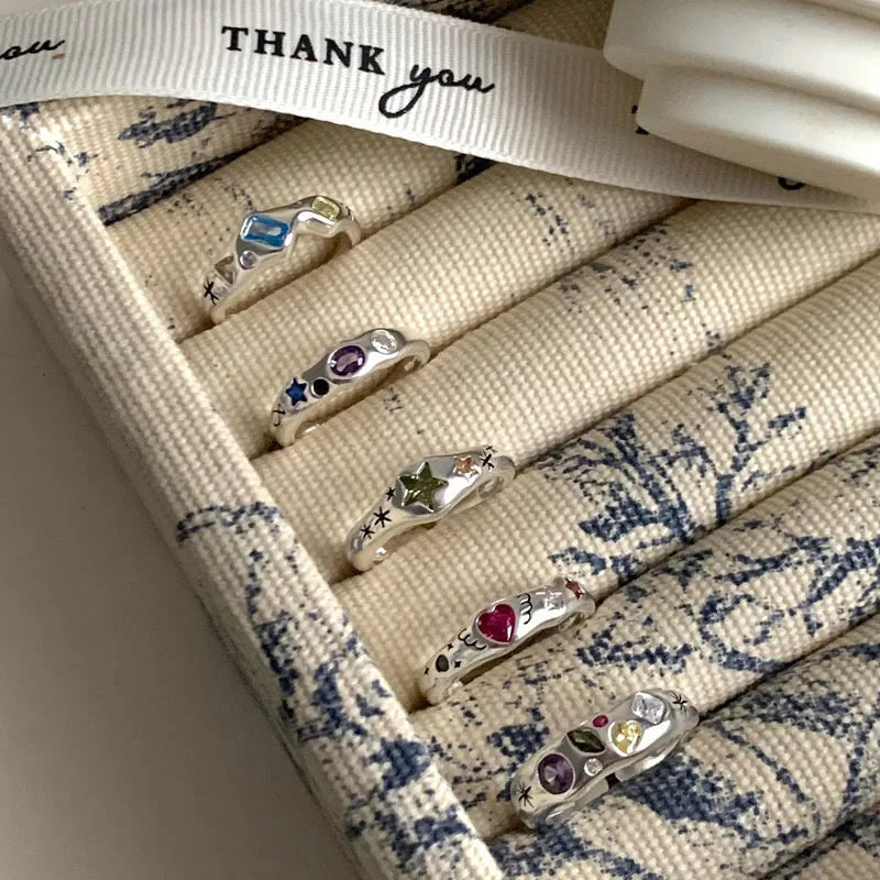 925 Sterling Silver Simple Colorful Heart Stone RingsFor Women Geometric Fashion Smiple Open Handmade Allergy Party Jewelry Gift.