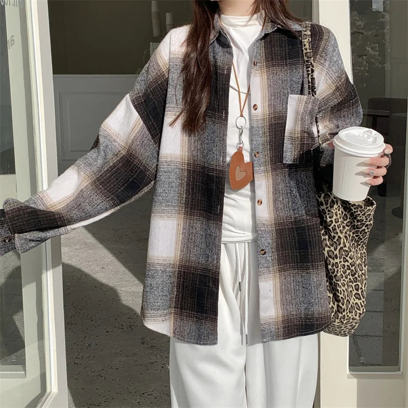 Zjaiss Women Thick Woolen Plaid Blouse Loose Long Sleeved Tops 2025 Autumn Winter New Casual Shirt Long Shirts
