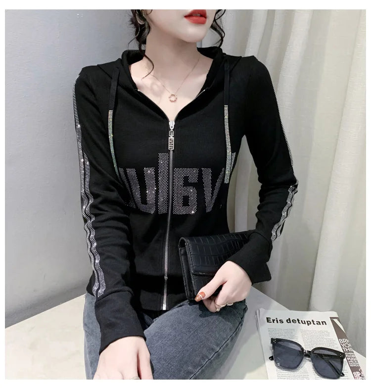 #7937Black Grey Women Hoodies Sweatshirt Tops Pullovers Diamonds Letters Slim Streetwear Short Hoodies Woman Zipper Korean Style.