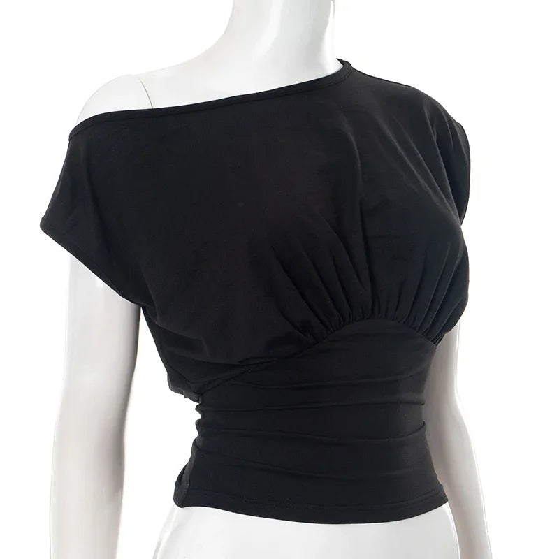 Solid Color One Shoulder Slant Neck Waist Shrinking Pleated Tank Top Women'S Summer New Casual Simple Fashion Tank Top.