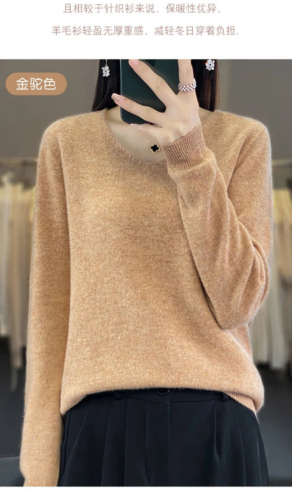 Women 100% Merino Wool Sweater V-Neck Basic Pullover Autumn Winter Cashmere Clothing Long Sleeve Soft Knitwear Tops Solid Color