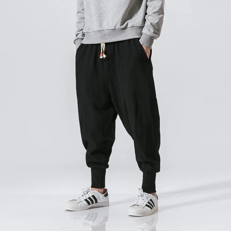 Cotton Linen Harem Pants Men Solid Elastic Waist Streetwear Joggers 2024 New Baggy Drop-crotch Pants Casual Trousers Men.