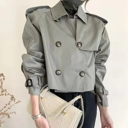 Vintage Zweireiher Graben Jacken Frauen Lose Chic Büro Dame Crop Tops Herbst Weibliche Mäntel Alle-spiel Lose Windjacke