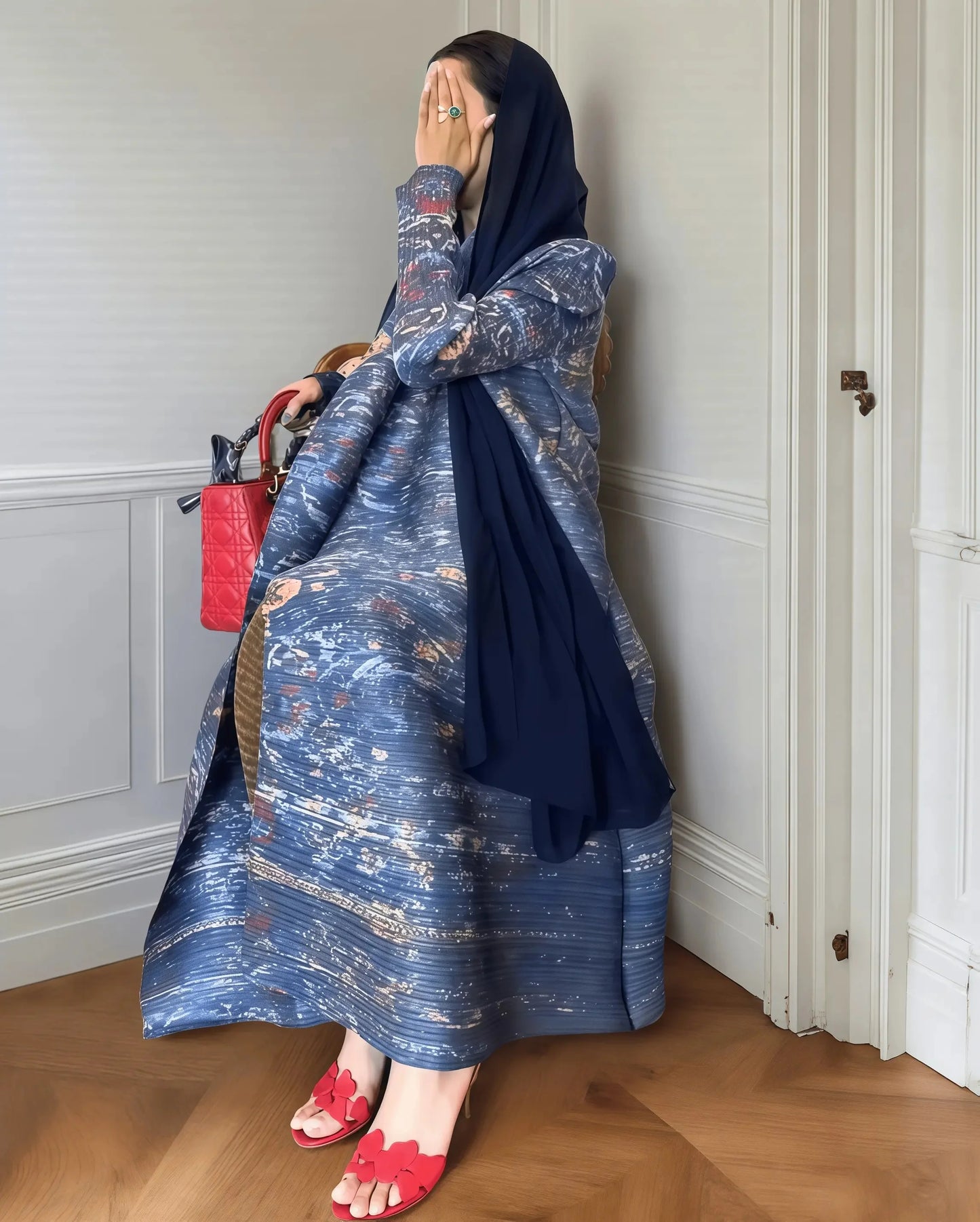 Langer Herbstmantel für Damen, Retro-bedruckt, langärmelig, muslimisches Abaya, Saudi-Mode, faltiger Taillengürtel