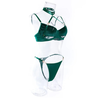 Cut Out Bra and Brief Velvet Erotic Set Women 2-Piece Halter Underwear Patchwork Thong Intimates Sexy Lingerie Pornos Suit Latex