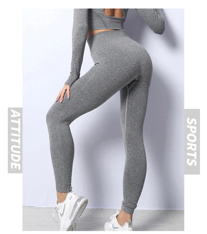 Women Yoga 2 Pieces Workout Outfits Seamless High Waist Leggings Sports Crop Top Running Clothes Sets.