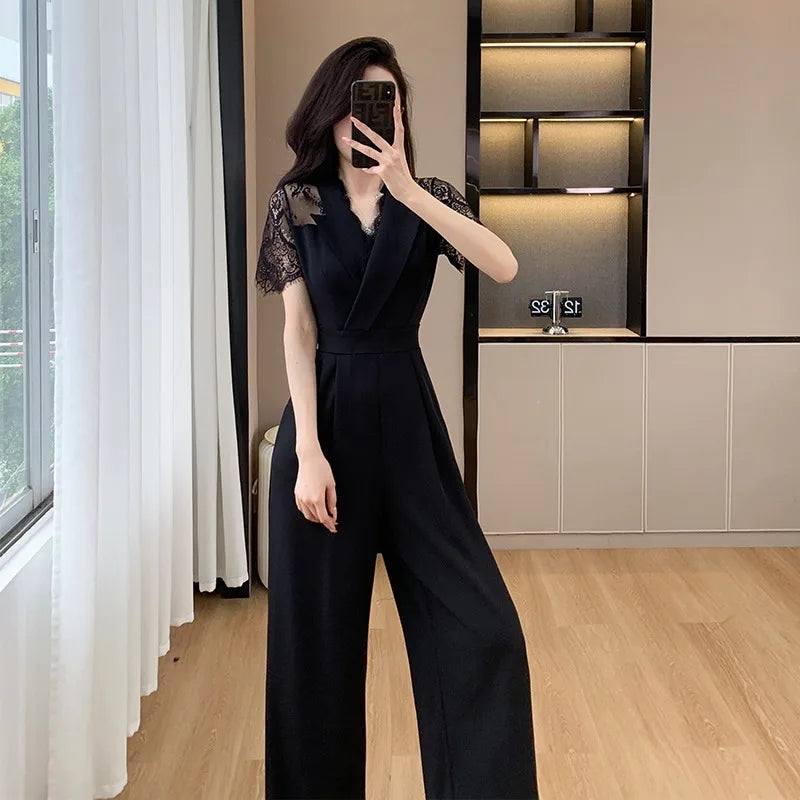 V-neck Solid Office Jumpsuit Women Elegant High Waist Wide Leg Pants Overall 2025 Fashion Slim Hollow Solid Color Romper.