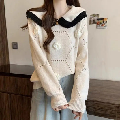 2025 French Gentle Style Soft Glutinous Doll Collar Sweater for Women in Autumn Winter Loose Slim Versatile Pullover Style.
