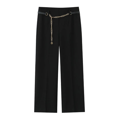 HH Women Solid Pant Set Long Sleeve O-Neck Double-Breasted Blazers+High Waist Chain Matching Side Zipper Trousers Sets