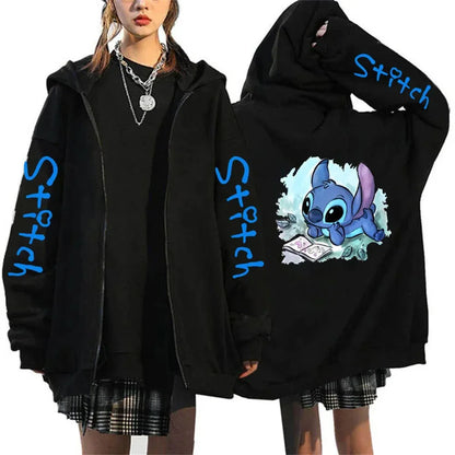 Men's and women's Lilo Stitch hooded jackets, Bonita Harajuku anime, cartoon Gothic streetwear, women's zippered sweaters.
