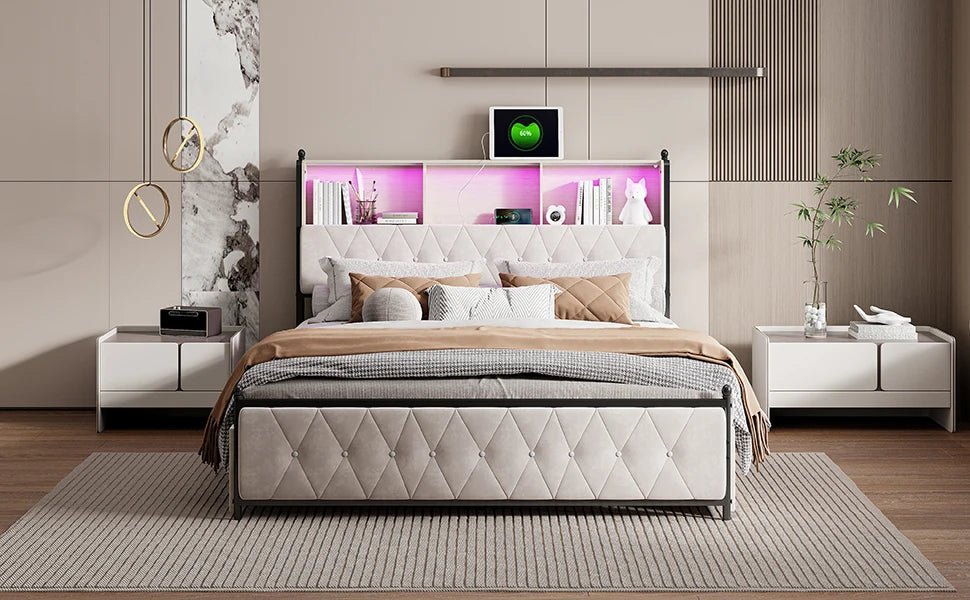 Lazyspace Bettgestell 160 x 200 cm, gepolstertes Bett mit Schubladen und 2 Ladeanschlüssen, Doppelbett mit LED-Kopfteil, ohne Matratze