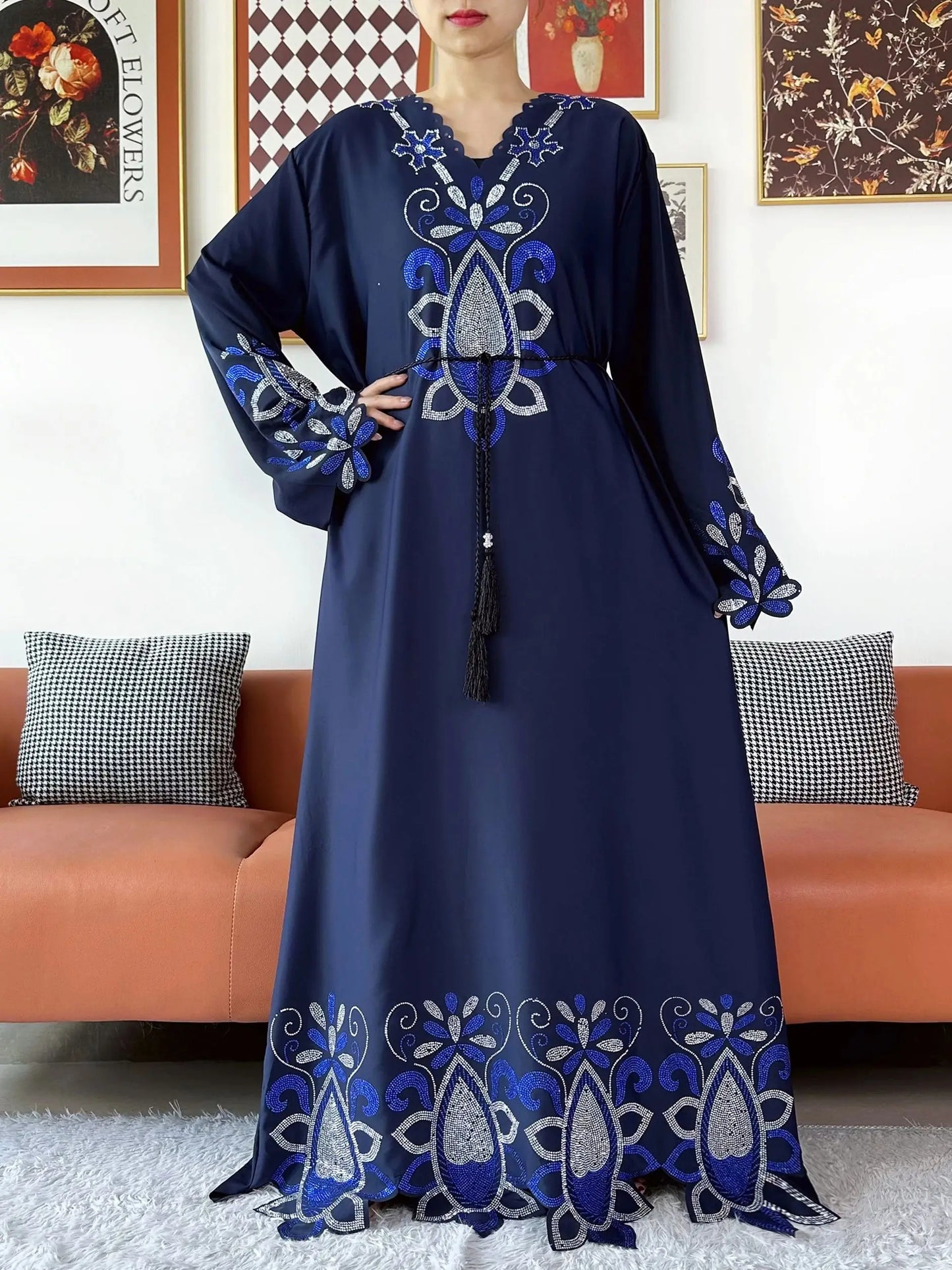 New 2025 Muslim Party Women Abaya Chiffon Diamond Long Sleeve Casual Clothing African Abaya Women Robe Dubai Turkey Islamic Robe.