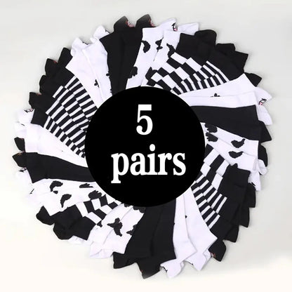 5 Pairs Women Cartoon Patterned Socks Trendy Versatile Breathable Sweat Wicking Deodorizing Antibacterial Comfortable Socks.