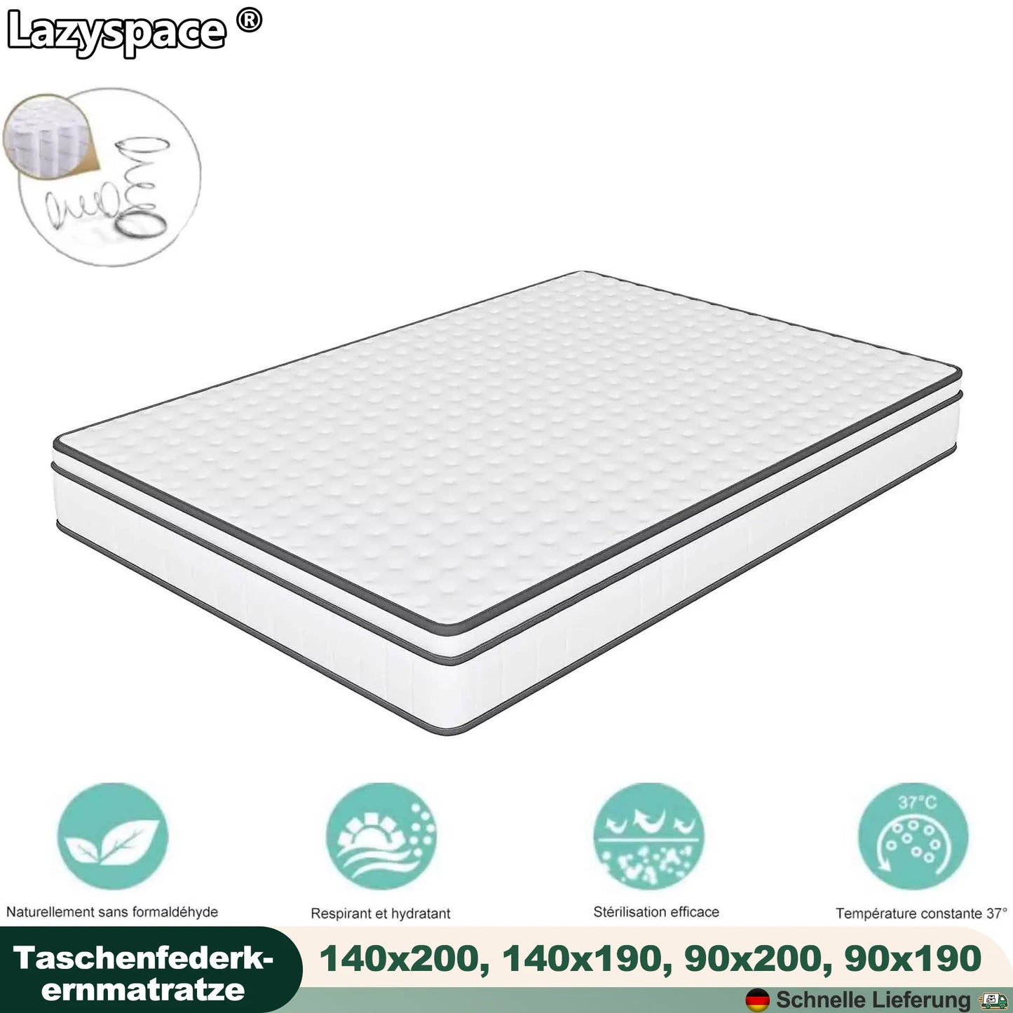 Lazyspace 25 cm Taschenfederkernmatratze, orthopädisches Fass, mittelfest, atmungsaktive 3D-Netzmatratze, 140 x 190/200 90 x 200/190