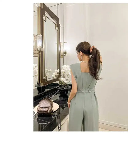Slimming High Waist Wide Leg Pants Korean Style Fashionable Women's One-Piece Jumpsuit Summer New Arrival Simple Elegant.