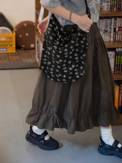 Vintage Black Midi Skirt Women Japanese Harajuku Drawstring Bud Skirts Summer Streetwear Korean Casual Design A Line Faldas New.