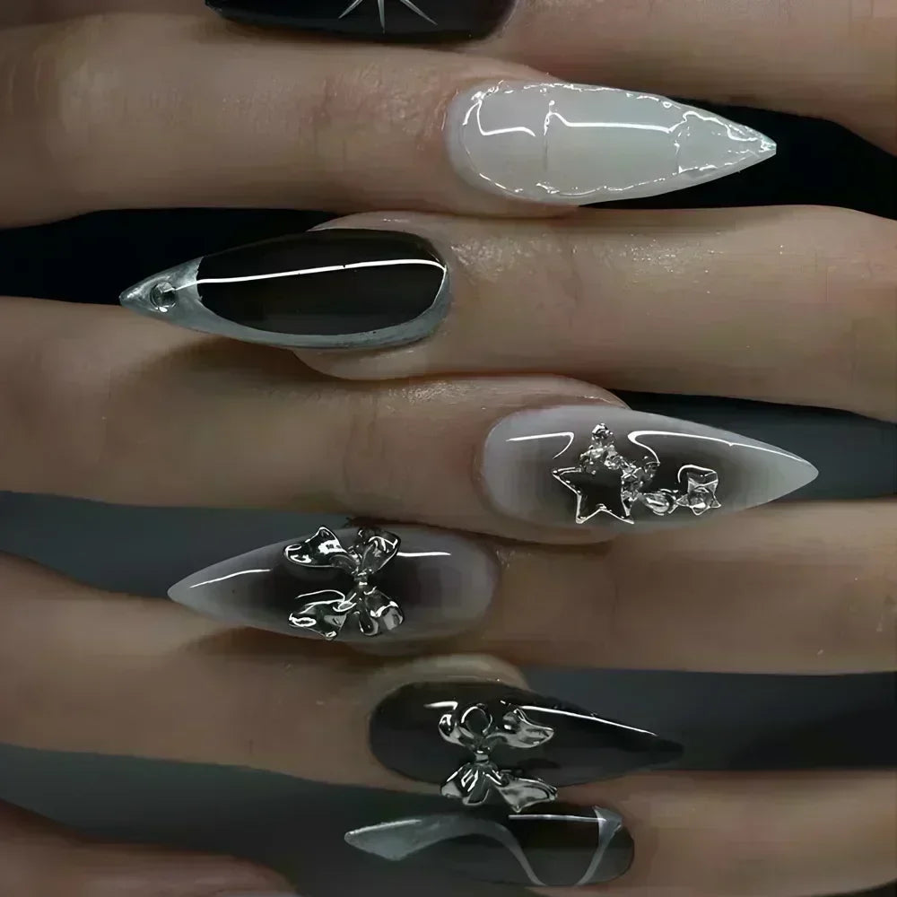 24Pcs False Nails Spicy Girl Silver Bow with Diamond Fake Nails with Glue Almond Press on Nails Black Cool Y2k Almond Nail Set.
