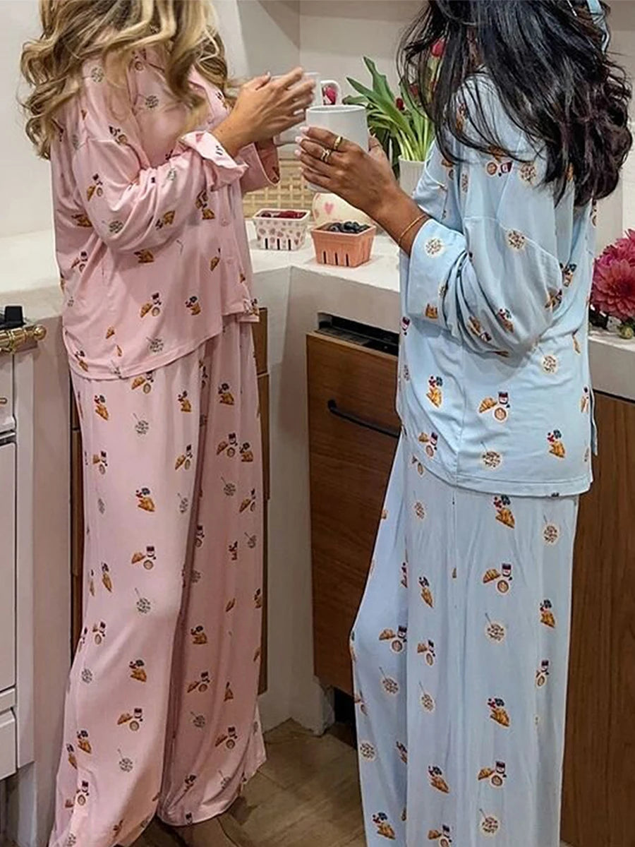 Maemukilabe Women Y2K Floral Pajama Set Long Sleeve Shirt and Pants Set Vintage 2 Piece Lounge Set Cute Bow Pjs Sleepwear.
