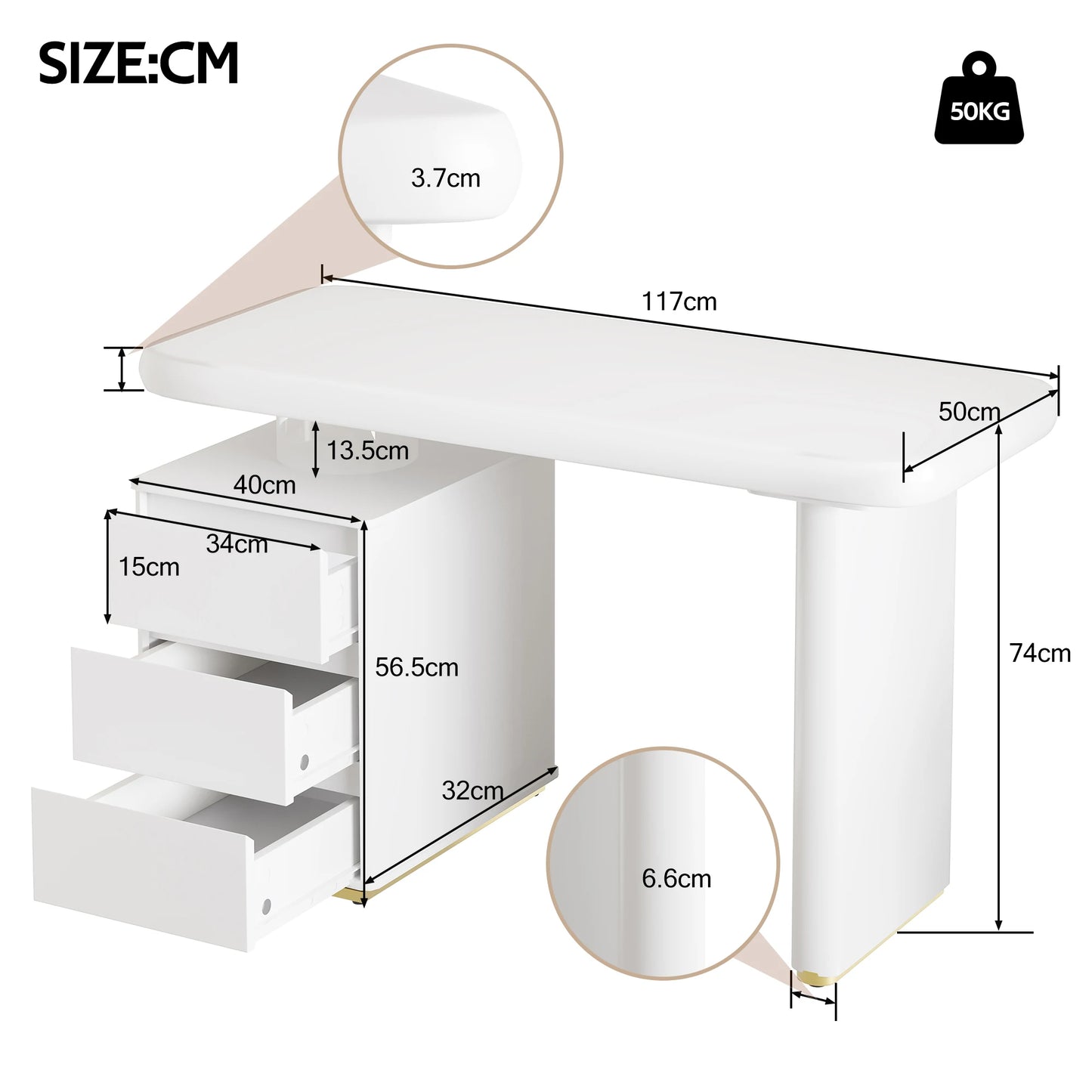 Moderner Schreibtisch 117×50×74 cm – weißes Volllack-Finish, Wolkenform, 3 Schubladen, verdickte Tischplatte und Beine, abgerundete Kurven, stabil