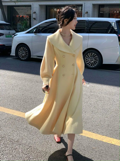 Mode frauen Lange Mäntel Winter Neue Oberbekleidung Revers Zweireiher Laterne Hülse Solide Vintage Chic Woolen Mäntel.