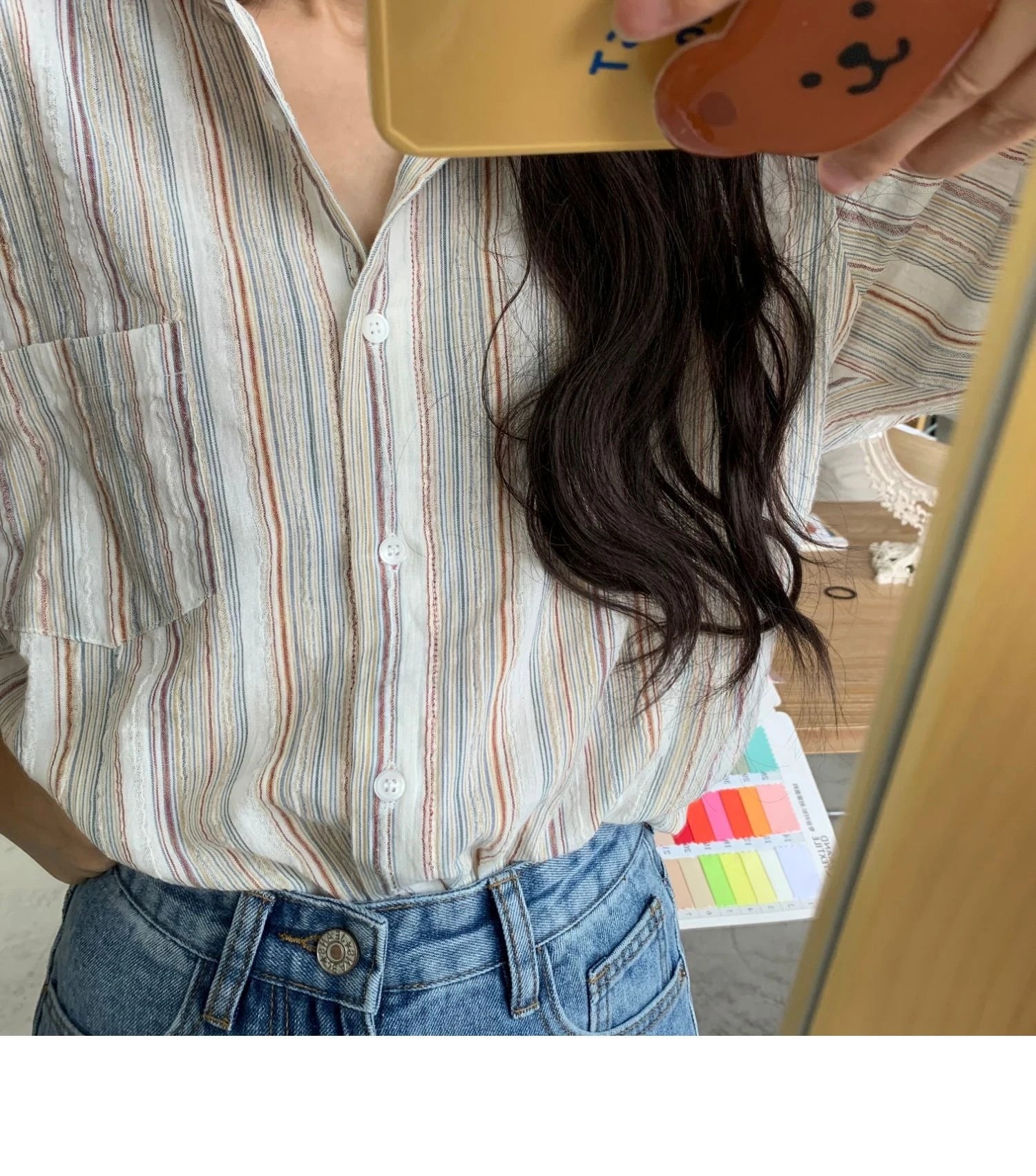 Vintage Office Lady Striped Shirt Spring Pocket Turn Down Collar Tops Korean Style Loose Long Sleeve Blouse Casual Women Clothes.