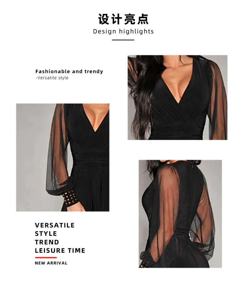 Elegant Lace Patchwork Jumpsuits Summer Clothes Women Long Sleeve V-Neck Rompers Playsuits Streetwear One Pieces Overalls Outfit.