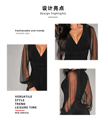 Elegant Lace Patchwork Jumpsuits Summer Clothes Women Long Sleeve V-Neck Rompers Playsuits Streetwear One Pieces Overalls Outfit.