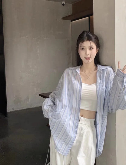 Pink Striped Shirt Women Korean Style Loose Long Sleeved Button Up Blouse Ladies Autumn New Wild Streetwear Casual Shirts 2025