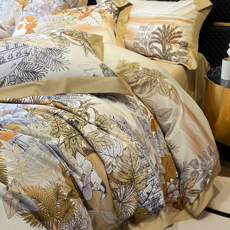 Floral Print 600TC Egyptian Cotton Bedding Queen King Comforter Cover Soft Duvet Cover Set Flat/Fitted Bed Sheet Pillowcases.