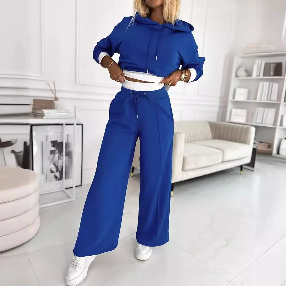 2024 Spring Autumn New Loose Sports Suit Women Long Sleeve Hooded Sweatshirt Drawstring High Waist Pocket Wide Leg Pants Suit.