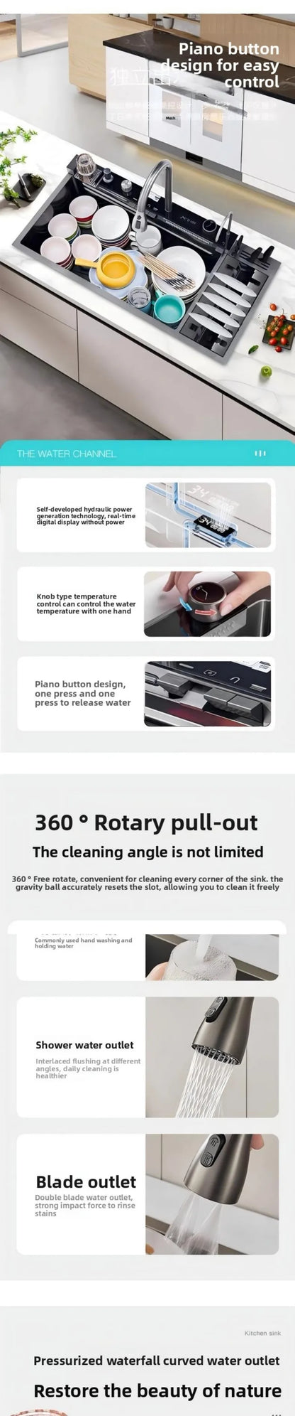 100cmx46cm Whale-Style Large Single-Bowl Kitchen Sink with Dish Rack Digital Faucet Integrated Dishwasher Multi-Functional