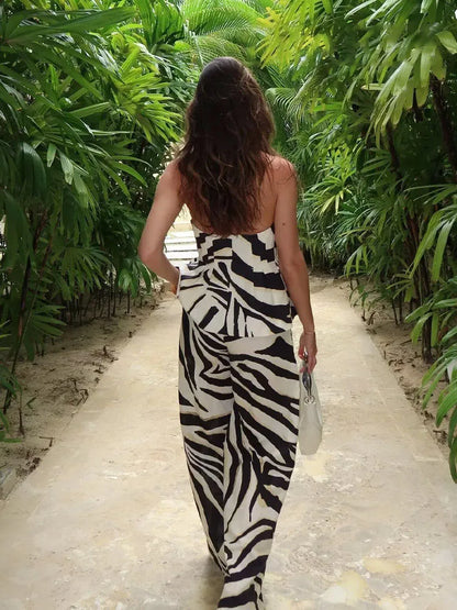 HH Women Pants Suit Fashion Zebra Stripes Single Breasted Sexy Sleeveless V-Neck Top+High Waist Zipper Casual Wide Leg Pants.