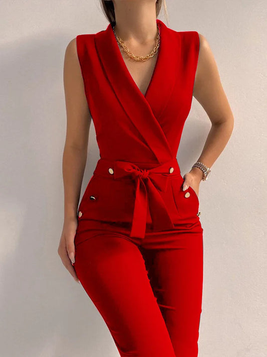 Women Casual V Neck Jumpsuits Button Lace Up Sleeveless Wide Leg Pants Streetwear Overalls Jumpsuit Women.