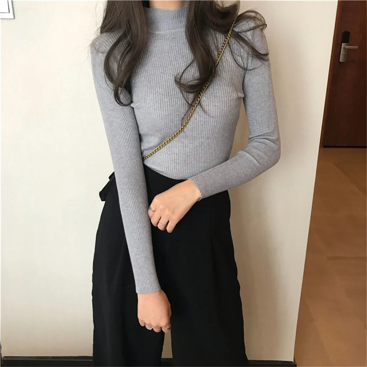 Mode Mock Neck Gestrickte Pullover Frauen Herbst Winter Neue Feste Vintage Grundlegende Tops Koreanische Dünne Rippen Pullover Casual Innere Top.