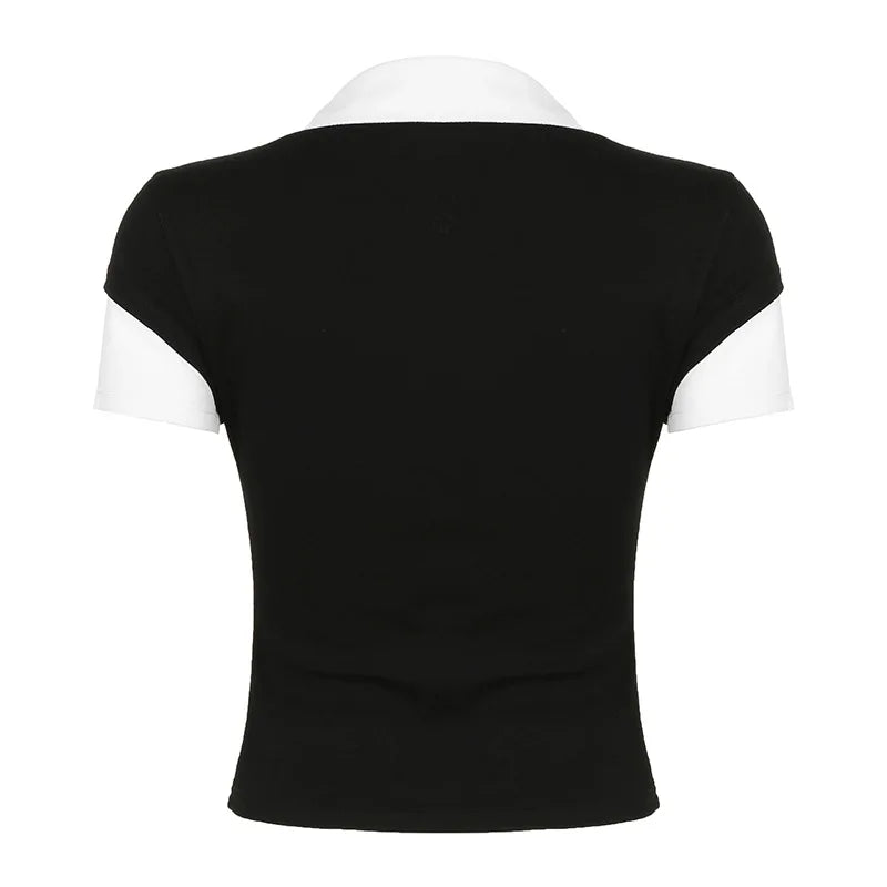 Fashionable and minimalist college style contrasting color lapel fake two piece T-shirt versatile short sleeved top