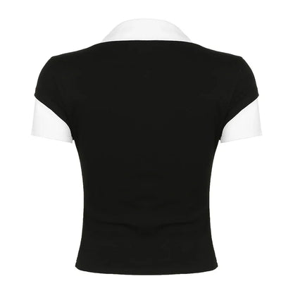 Fashionable and minimalist college style contrasting color lapel fake two piece T-shirt versatile short sleeved top
