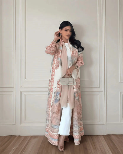 Langer Herbstmantel für Damen, Retro-bedruckt, langärmelig, muslimisches Abaya, Saudi-Mode, faltiger Taillengürtel.