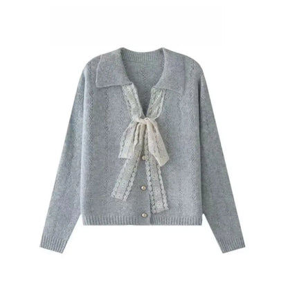 Women Clothes Autumn Winter Fashion Korean Button Solid Color Ladies All-match Bow Versatile Loose Knitwear Long Sleeve Top Tee.