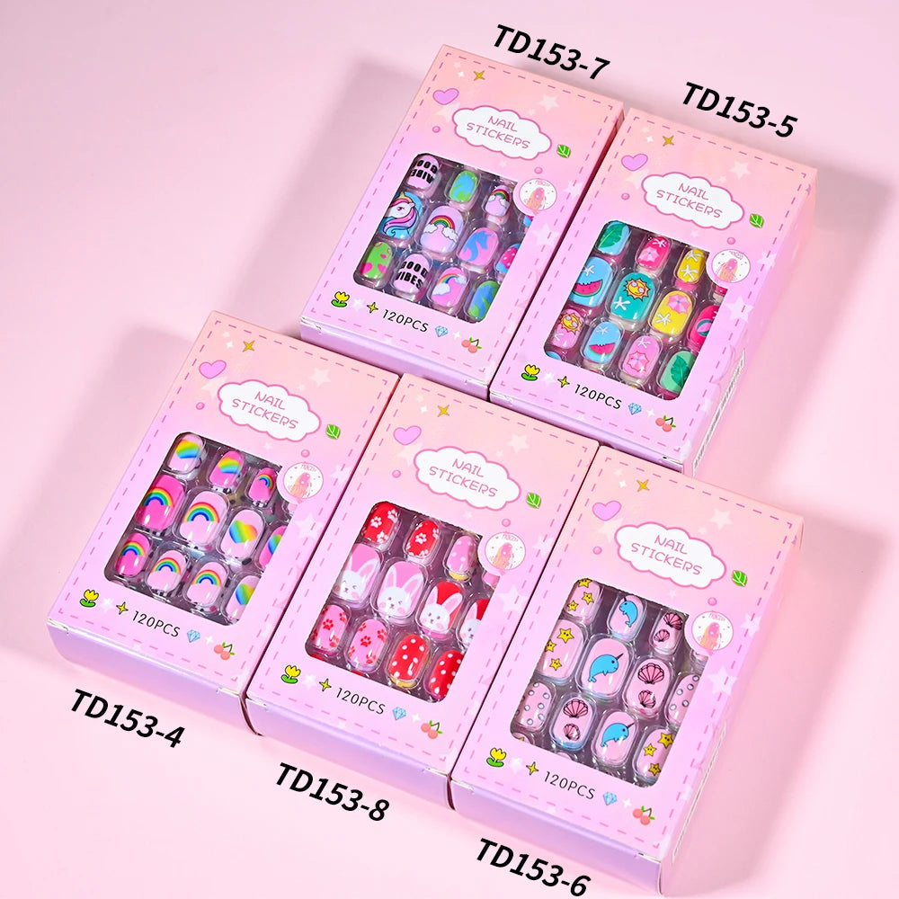 120pcs/box Pink Cartoon Children Press On Nails Candy Color Unicorn Cat Bunny Kids Full Cover False Nail Girls Party Nail Decora.
